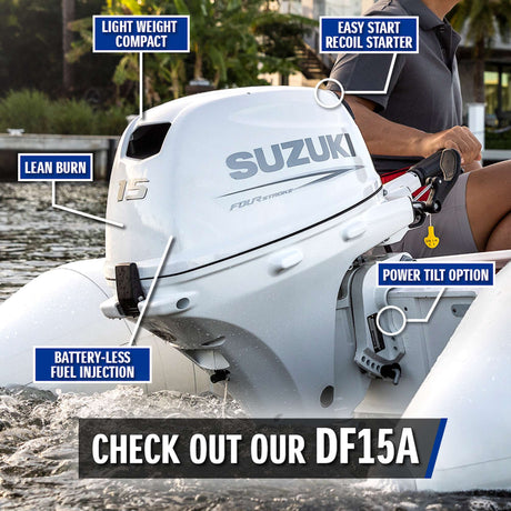 White Suzuki 15 HP four-stroke outboard motor mounted on an inflatable boat, highlighting features such as lightweight compact design, easy start recoil starter, lean burn technology, battery-less fuel injection, and optional power tilt
