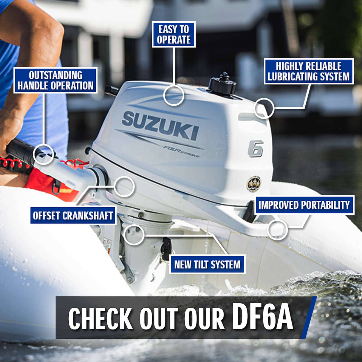 White Suzuki 6 HP four-stroke outboard motor on an inflatable boat, with callouts highlighting features like outstanding handle operation, offset crankshaft, easy operation, highly reliable lubricating system, new tilt system, and improved portability.