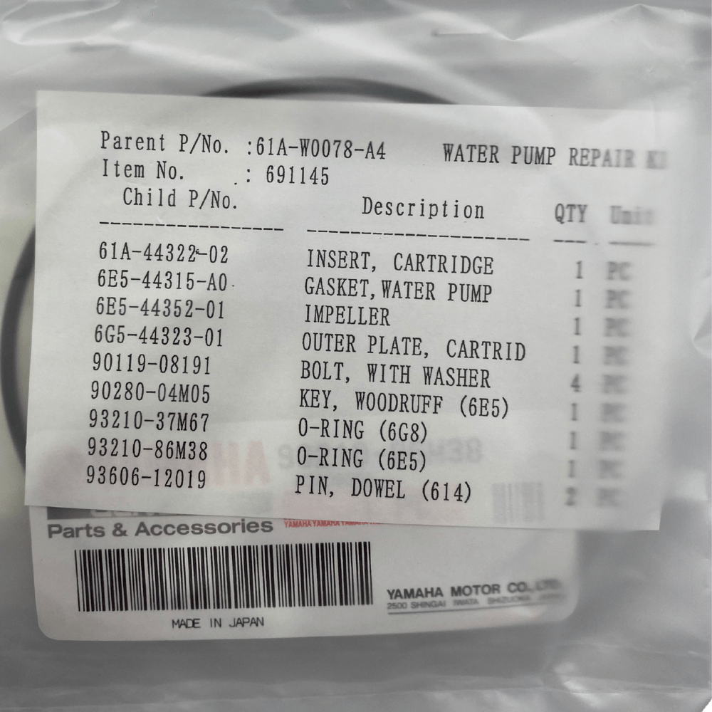 Yamaha Water Pump Kit Item List 61A-W0078-A4