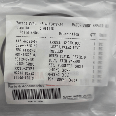 Yamaha Water Pump Kit Item List 61A-W0078-A4