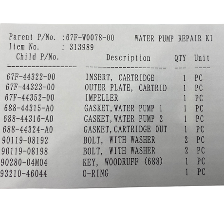 Yamaha Water Pump Kit Item List 67F-W0078-00-00