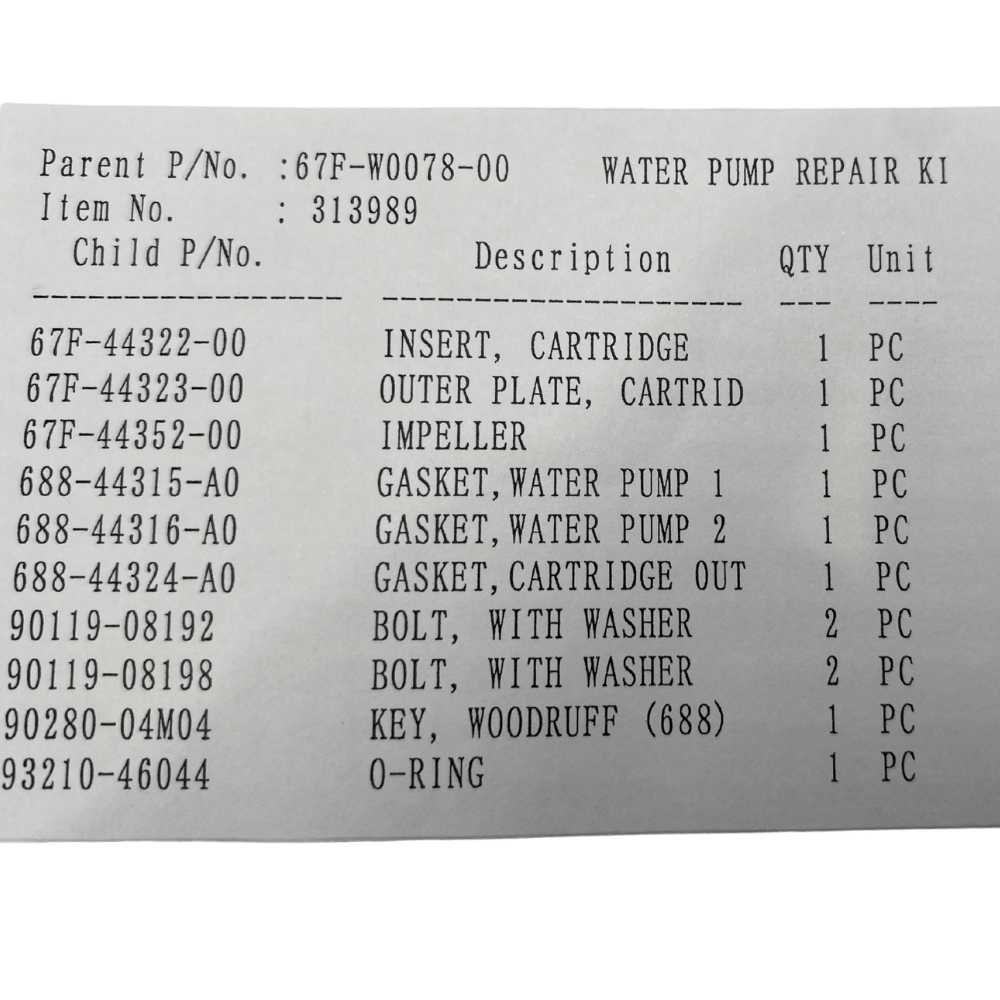 Yamaha Water Pump Kit Item List 67F-W0078-00-00