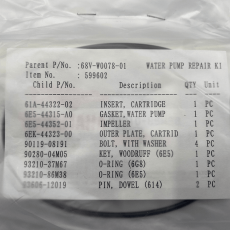 Yamaha Water Pump Kit Item List 68V-W0078-01