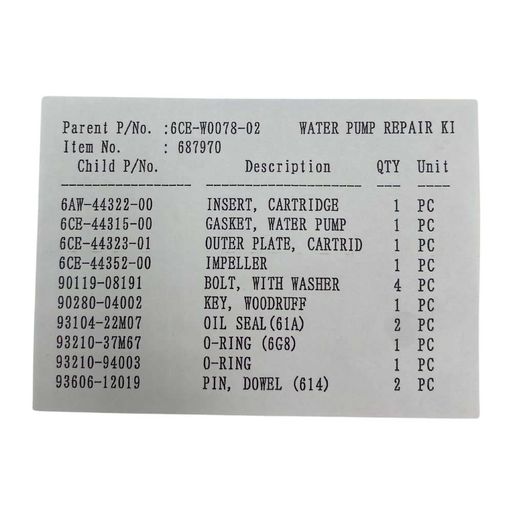 Yamaha Water Pump Kit Item List 6CE-W0078-02