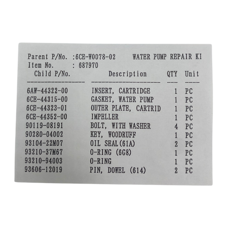 Yamaha Water Pump Kit Item List 6CE-W0078-02
