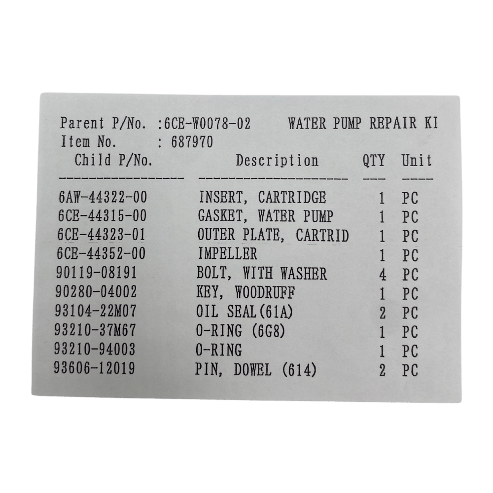Yamaha Water Pump Kit Item List 6CE-W0078-02