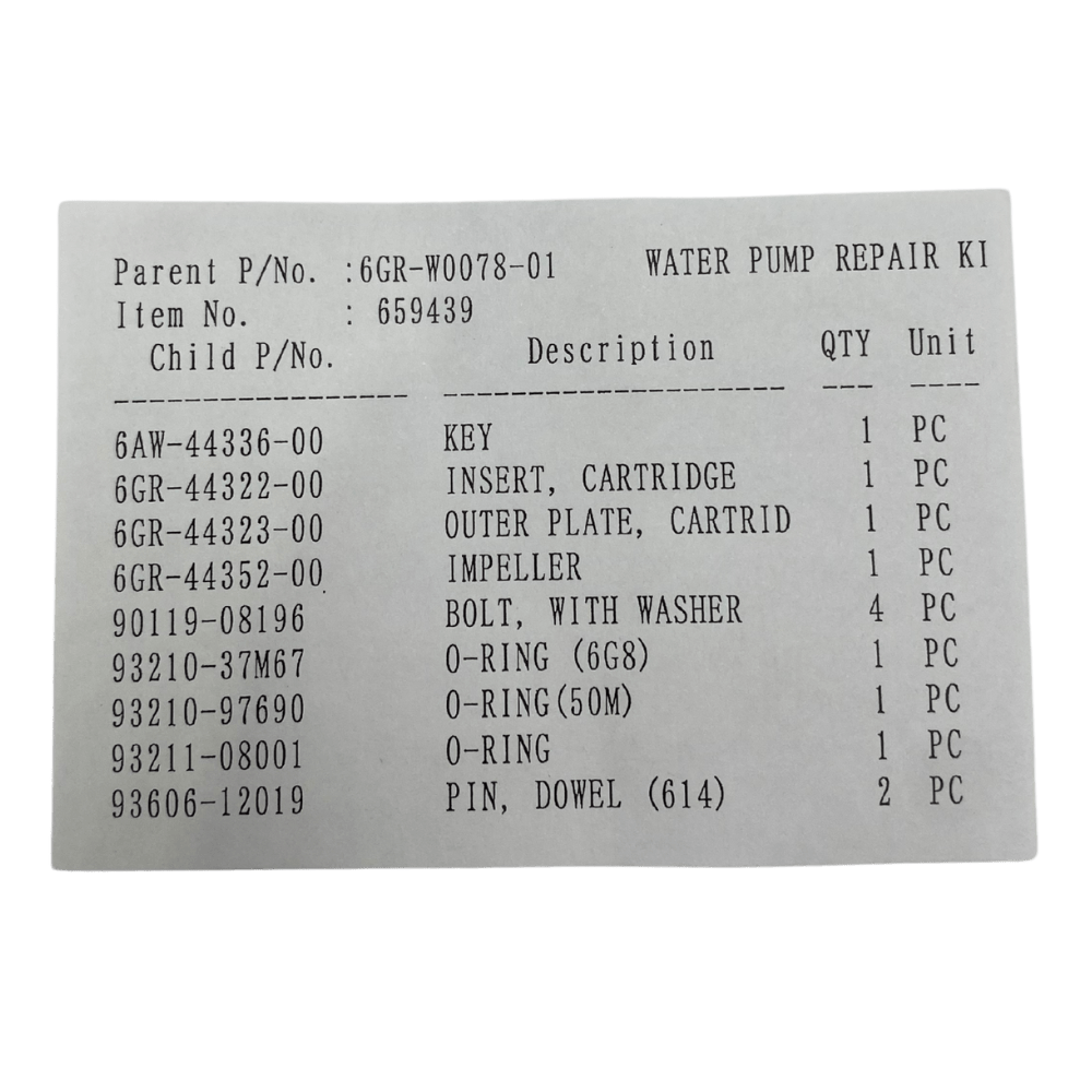 Yamaha Water Pump Repair kit Item List 6GR-W0078-01