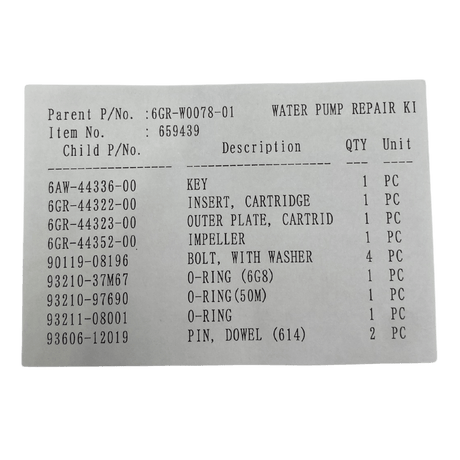 Yamaha Water Pump Repair kit Item List 6GR-W0078-01