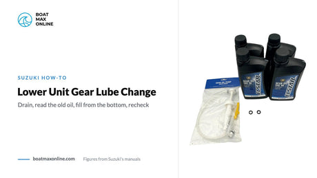 Suzuki ECSTAR gear oil bottles, gear oil pump and drain plug gaskets beside the title Lower Unit Gear Lube Change