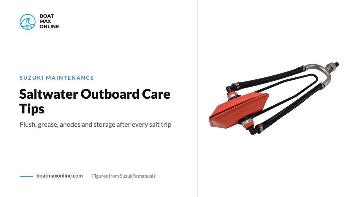 Outboard flushing muffs beside the title Saltwater Outboard Care Tips