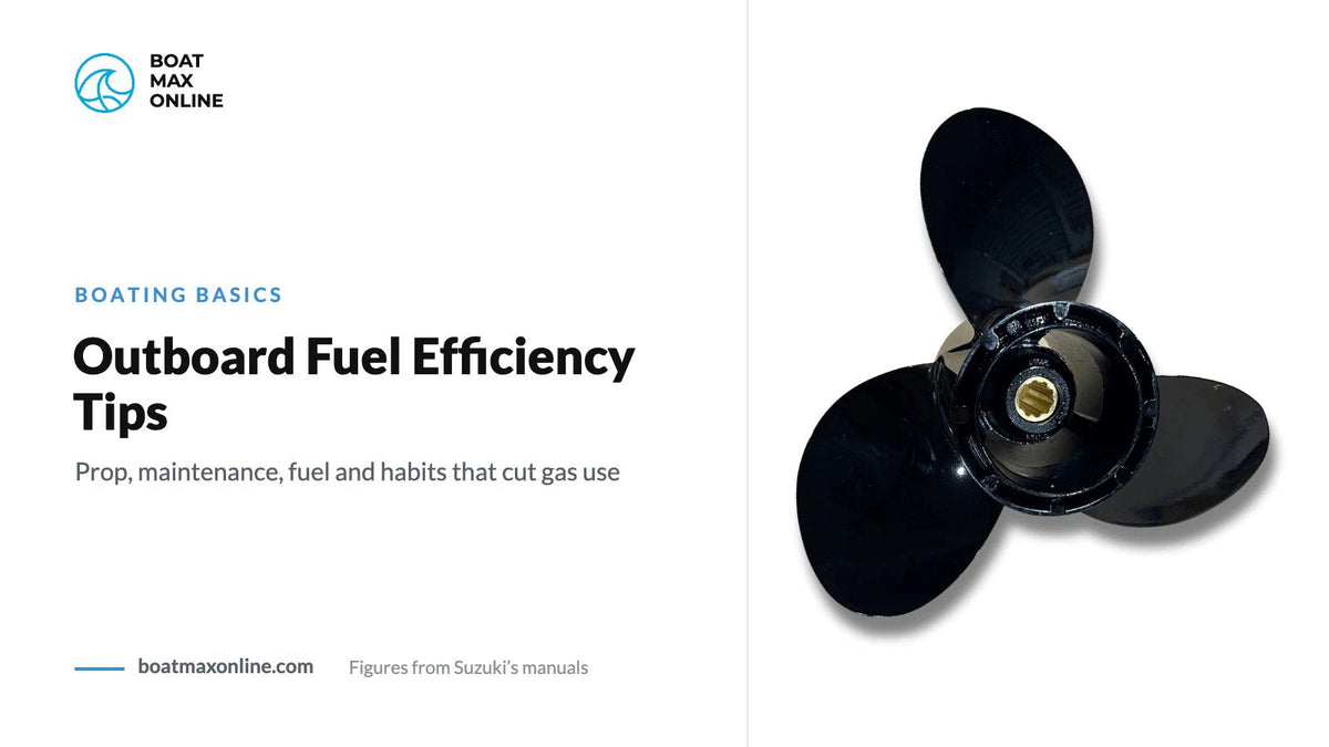 Suzuki aluminum propeller beside the title Outboard Fuel Efficiency Tips