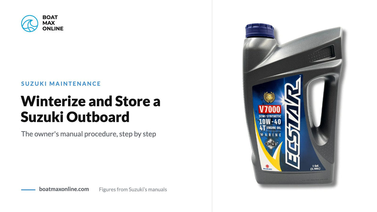 Suzuki ECSTAR oil gallon beside the title Winterize and Store a Suzuki Outboard