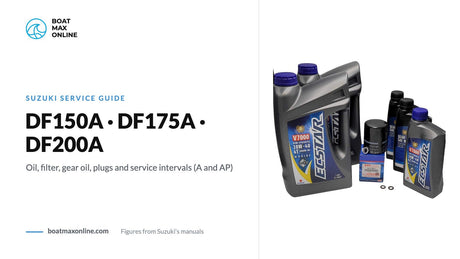 Suzuki DF150 to DF300 oil change kit beside the title DF150A DF175A DF200A service guide