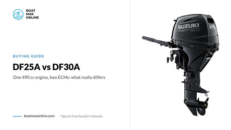 Suzuki DF25A tiller outboard beside the title DF25A vs DF30A