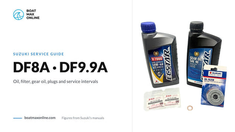 Suzuki DF8A DF9.9A oil change kit with ECSTAR oil, gear oil and filter beside the title DF8A DF9.9A service guide