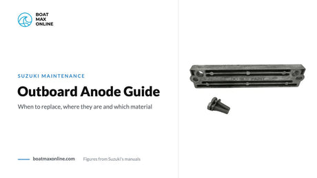 Suzuki OEM sacrificial anode with mounting bolts beside the title Outboard Anode Guide