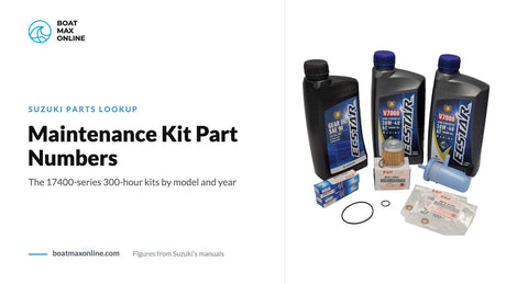 Suzuki service kit with oil, gear oil, filter and spark plugs beside the title Maintenance Kit Part Numbers