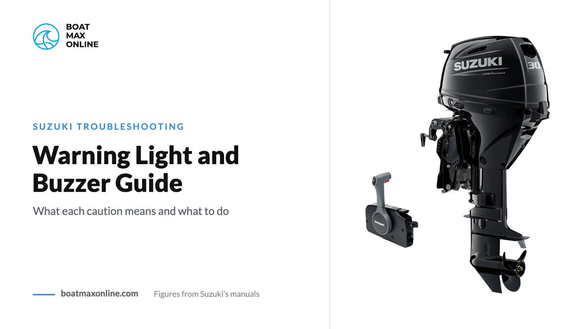 Suzuki DF30A remote-control outboard beside the title Warning Light and Buzzer Guide