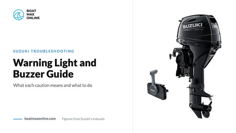 Suzuki DF30A remote-control outboard beside the title Warning Light and Buzzer Guide