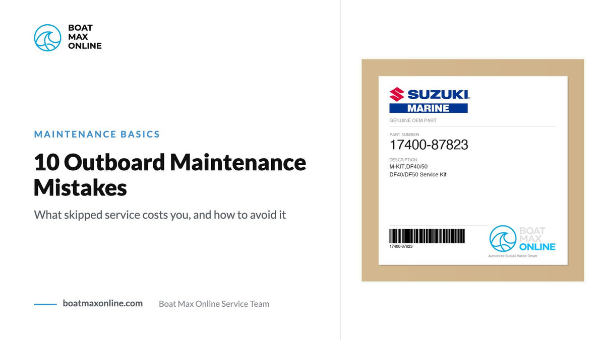 Suzuki maintenance kit beside the title 10 Outboard Maintenance Mistakes