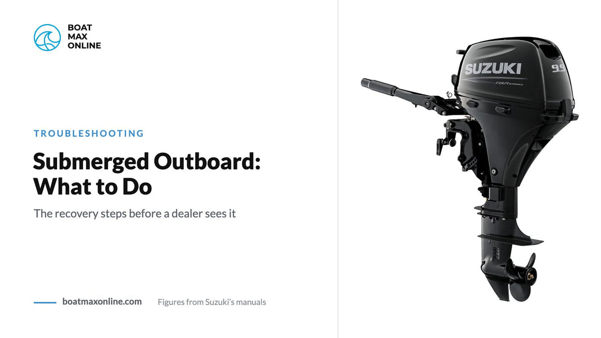 Suzuki DF9.9B tiller outboard beside the title Submerged Outboard: What to Do