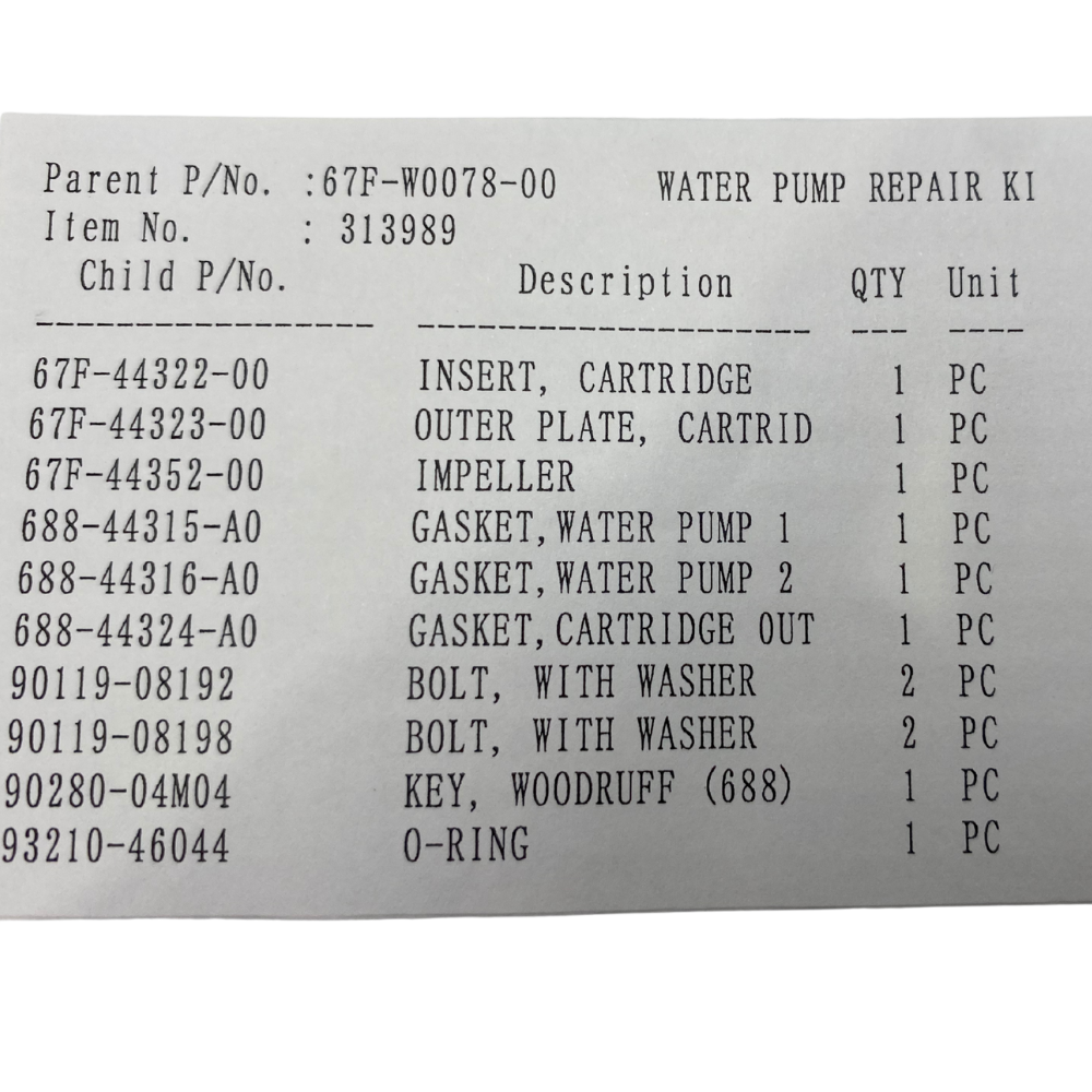 YAMAHA 75HP, 80HP, 90HP, 100HP WATER PUMP REPAIR KIT