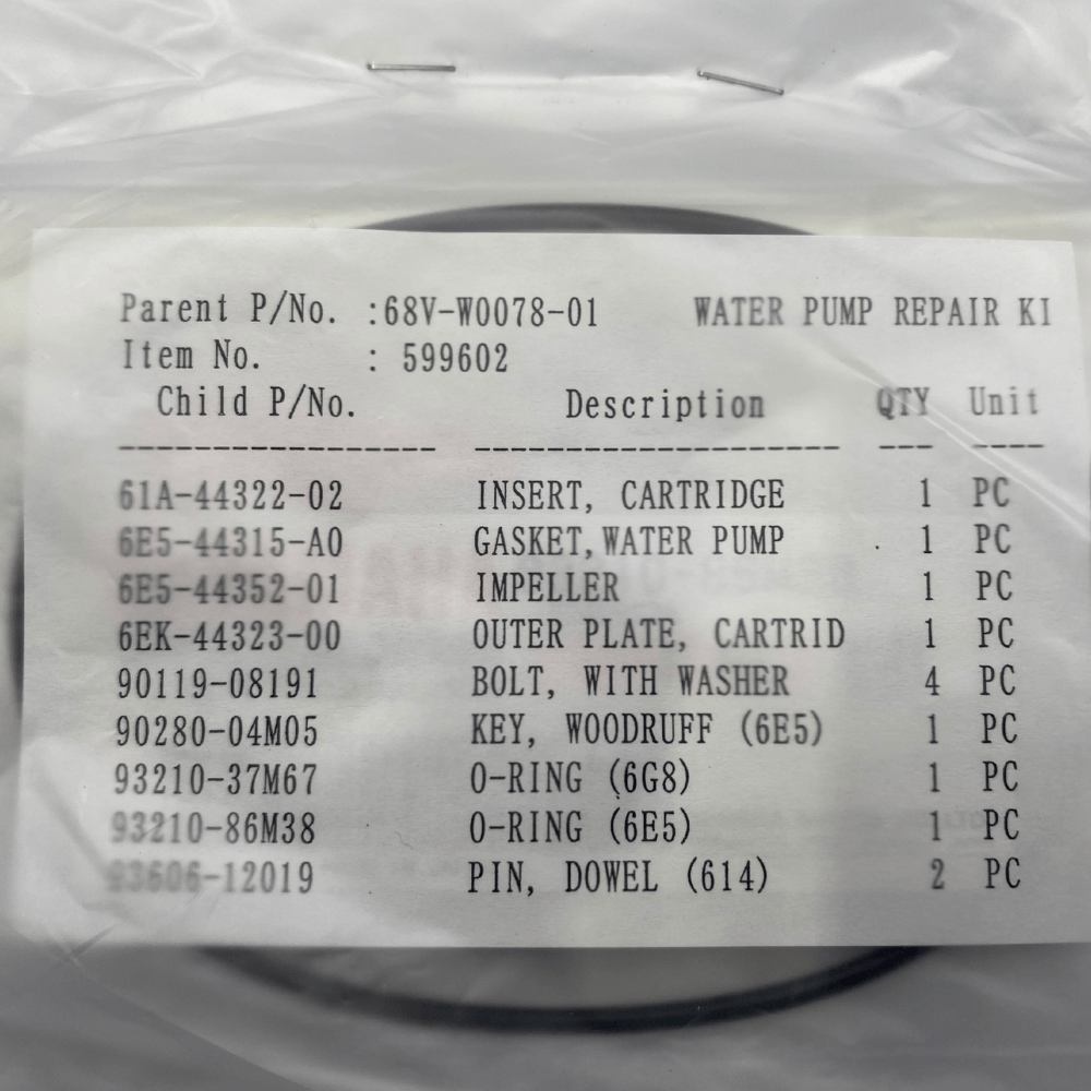 Yamaha Water Pump Kit Item List 68V-W0078-01