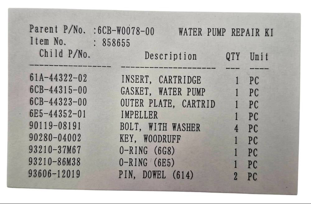 Yamaha VF200/VF225/VF250 Water Pump Repair Kit